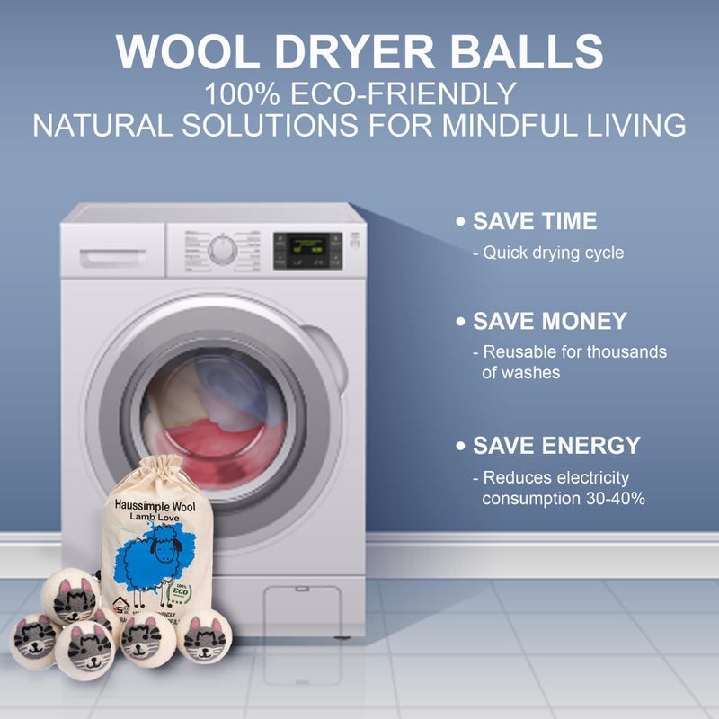 HAUSSIMPLE Wool Dryer Balls Organic Felt 6 Pack Laundry Fabric Softener, Extra Large Reusable Handmade Natural Sheep Wool Lint Wrinkle Free Anti Static Baby Safe (Cat) - Image 5